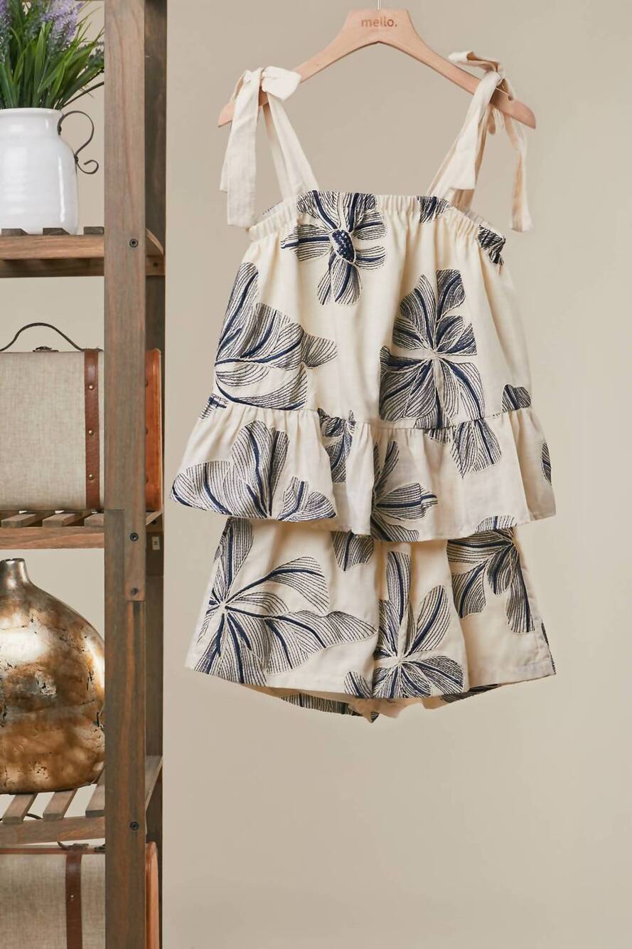 NEW MELLO women's floral print tie-shoulder tiered top in cream and navy